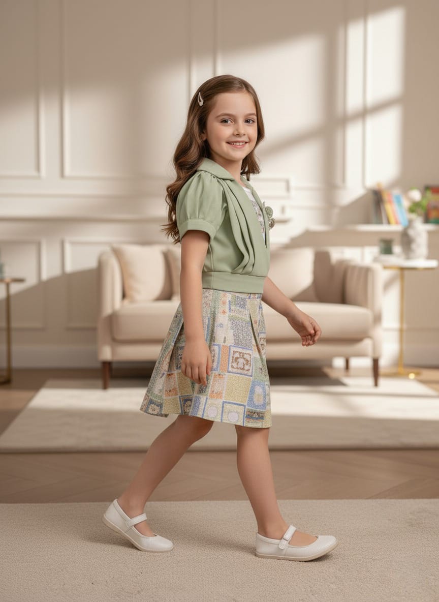 Girls Green Patchwork Skirt Outfit