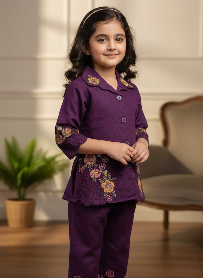 Purple Embroidered Casual Two-Piece