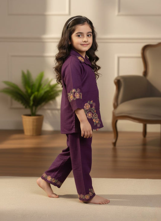 Purple Embroidered Casual Two-Piece