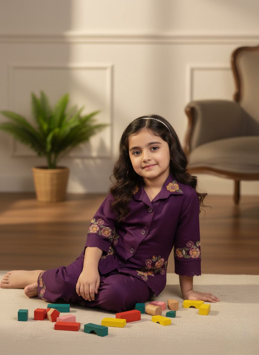 Purple Embroidered Casual Two-Piece