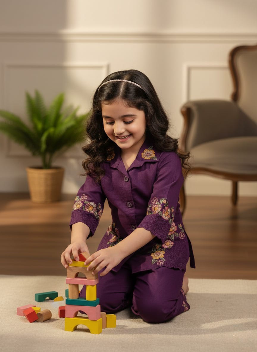 Purple Embroidered Casual Two-Piece