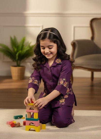 Purple Embroidered Casual Two-Piece