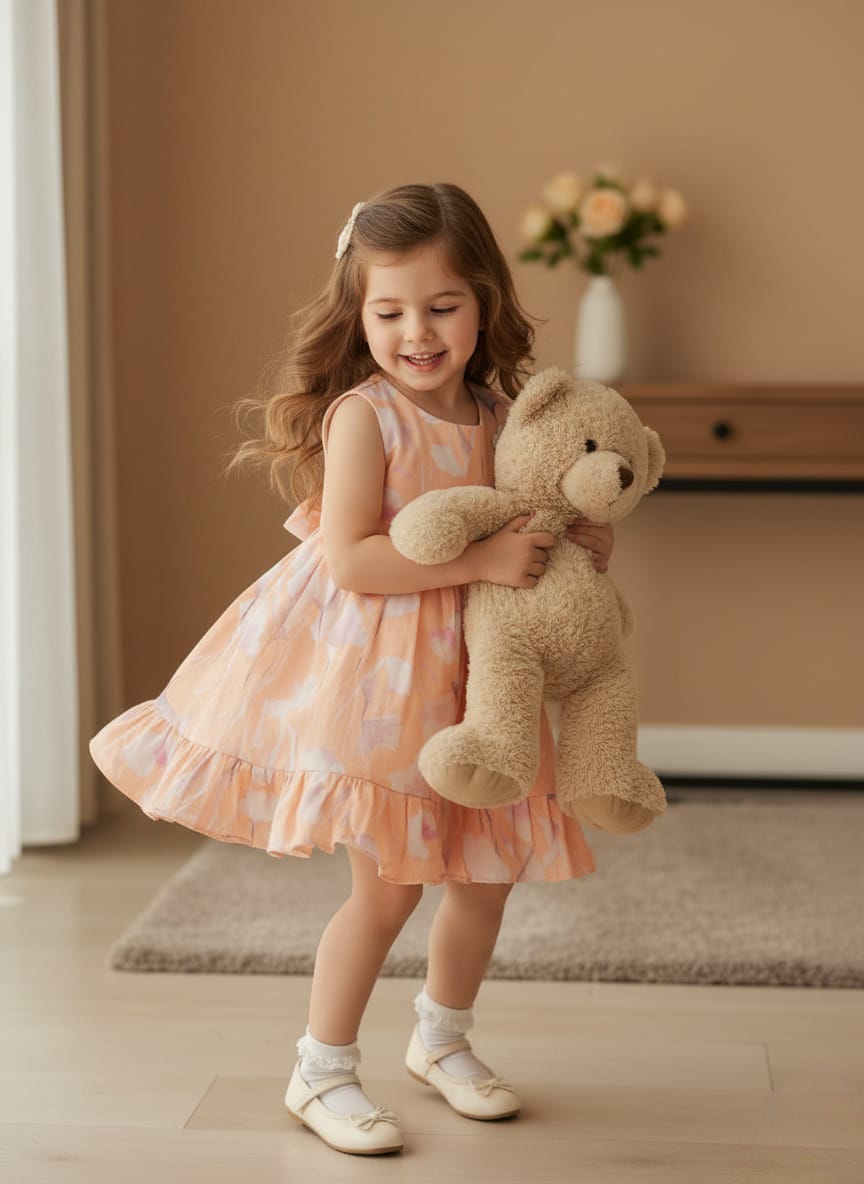 Girls' Peach Watercolour Ruffle Dress