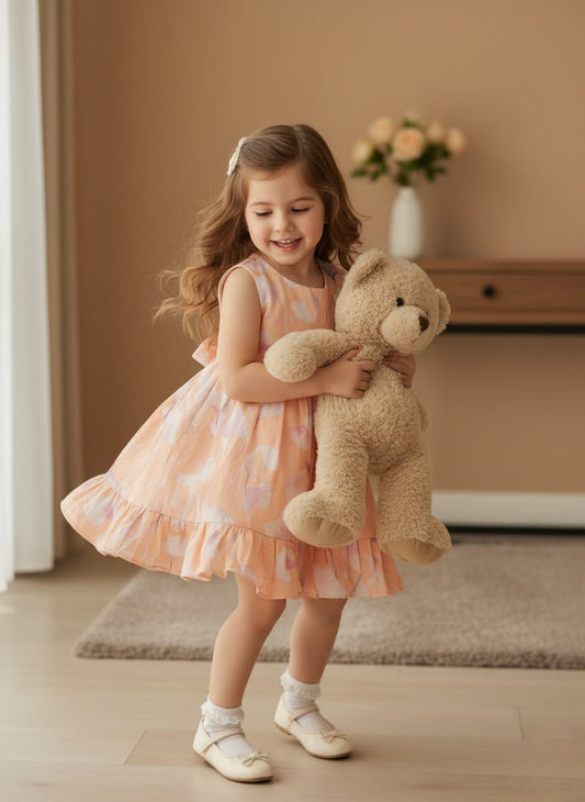 Girls' Peach Watercolour Ruffle Dress