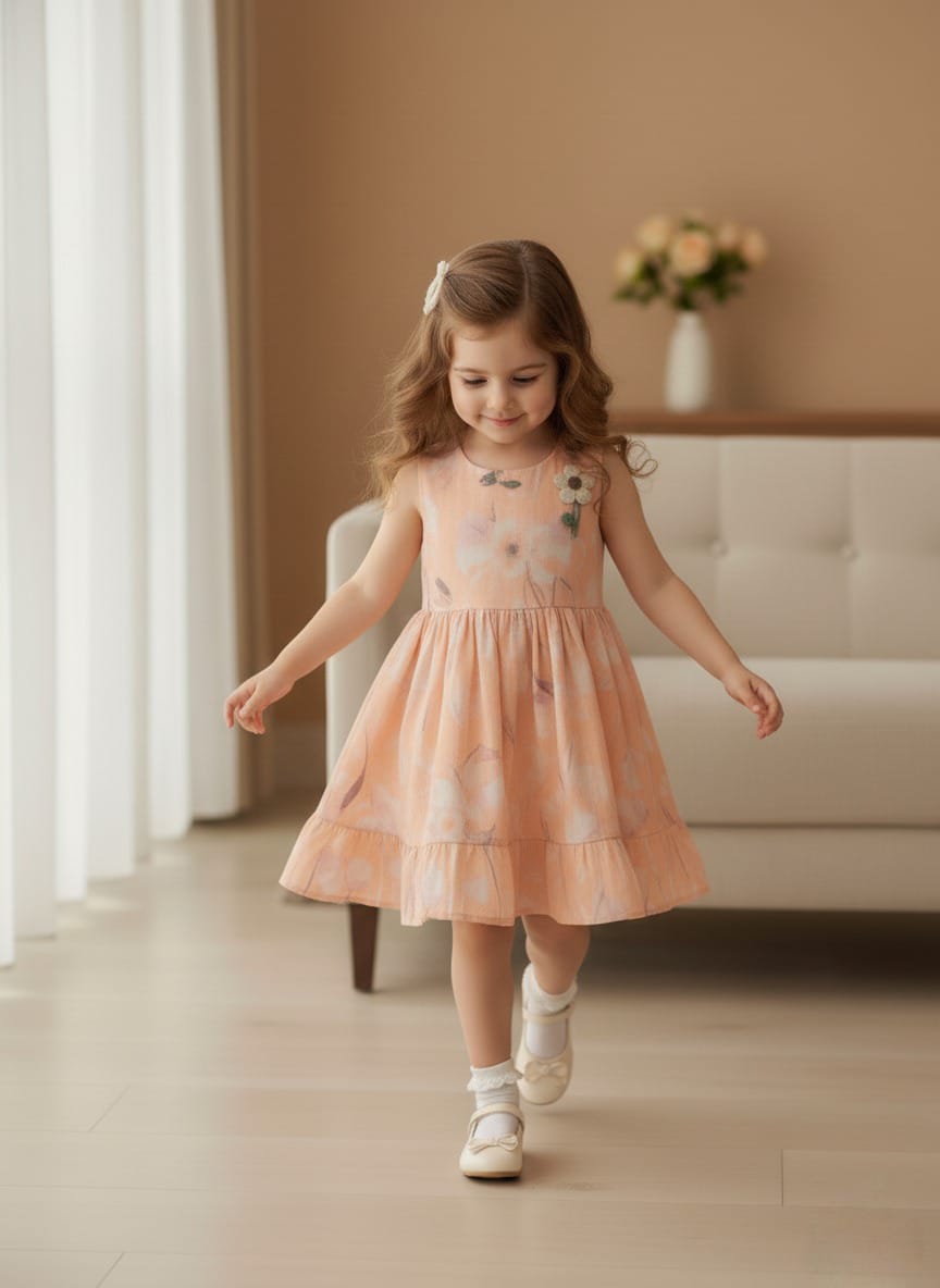 Girls' Peach Watercolour Ruffle Dress