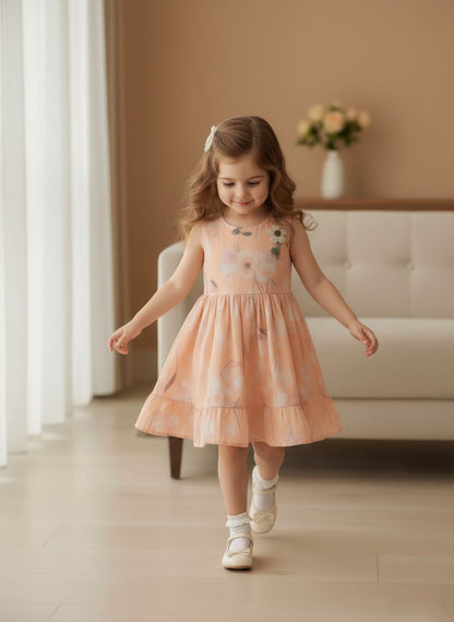 Girls' Peach Watercolour Ruffle Dress