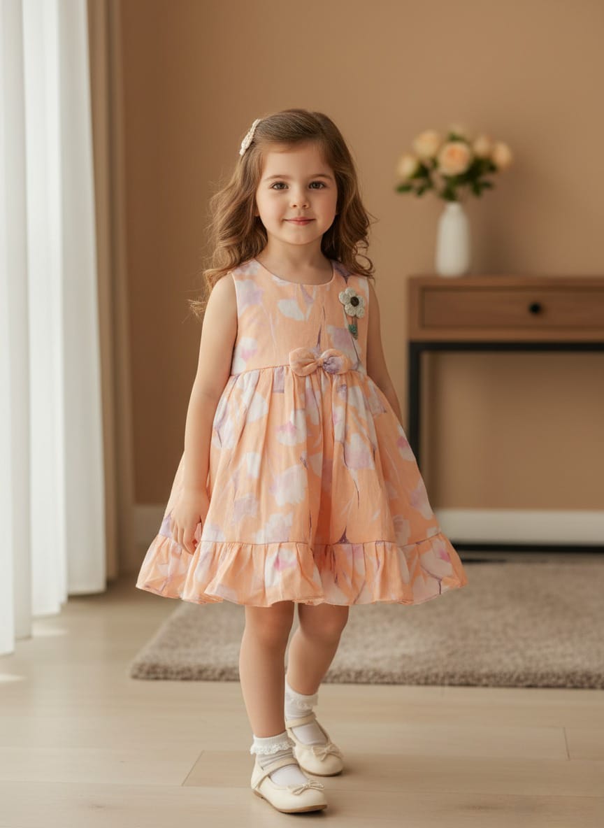 Girls' Peach Watercolour Ruffle Dress