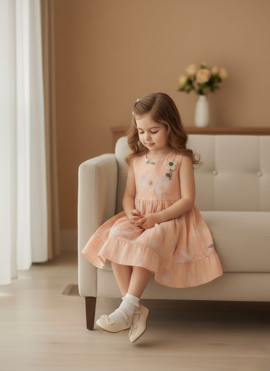 Girls' Peach Watercolour Ruffle Dress