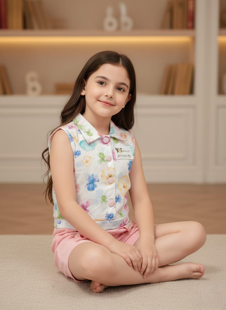 Sequin Floral Vest Pink Shorts Set