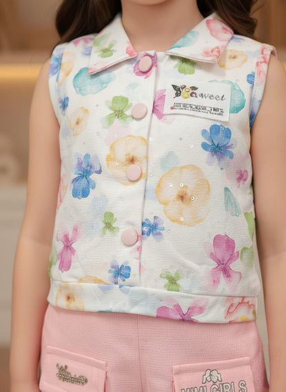 Sequin Floral Vest Pink Shorts Set