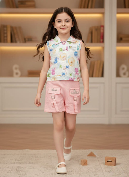 Sequin Floral Vest Pink Shorts Set