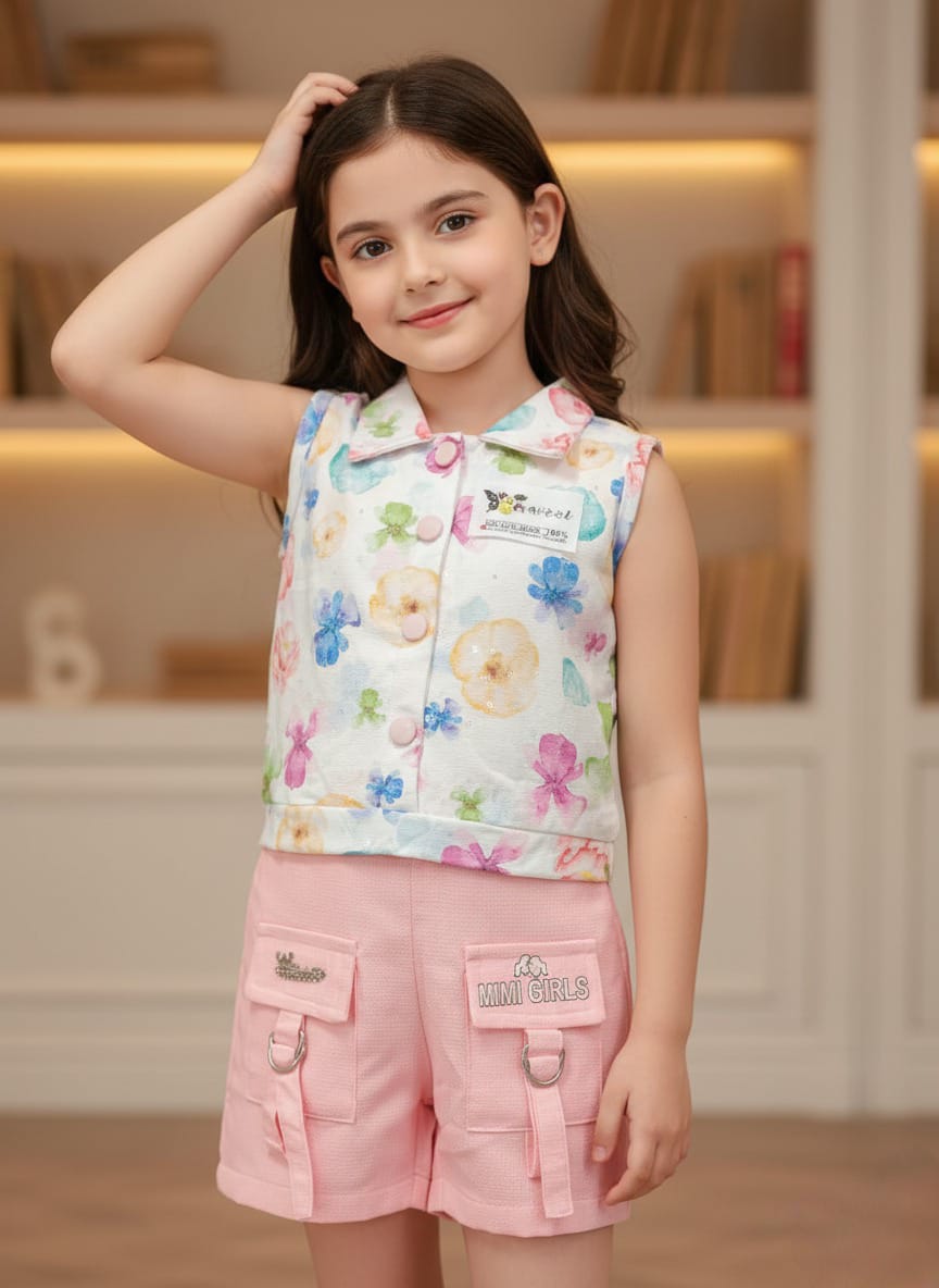 Sequin Floral Vest Pink Shorts Set