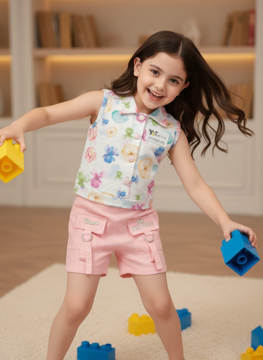 Sequin Floral Vest Pink Shorts Set