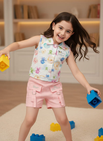 Sequin Floral Vest Pink Shorts Set